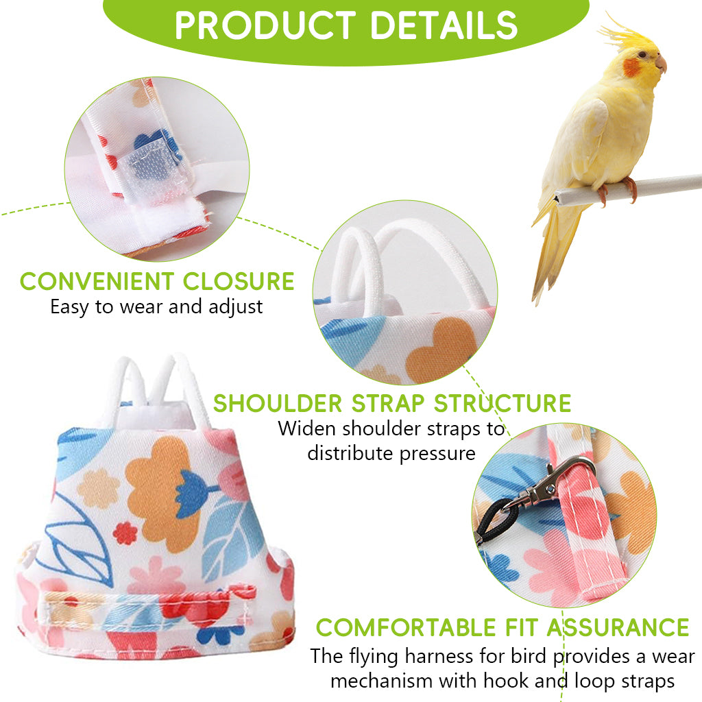 Qpets® Bird Harness and Leash Set for Parrots, Adjustable Escape-Proof Shoulder Strap Parrot Harness with Hook & Loop, 51 Inch Elastic Training Cord - Safe Flight Suit for Small Medium Birds, M