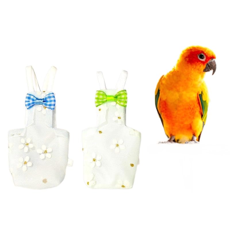 Qpets® Parrot Diaper Flight Suit for Small Birds, 2 Pcs Bird Clothes with Floral Print & Checked Bow, Reusable & Washable Breathable Polyester Bird Diaper for Cockatiel, Conure, Lovebird, Parakeeta