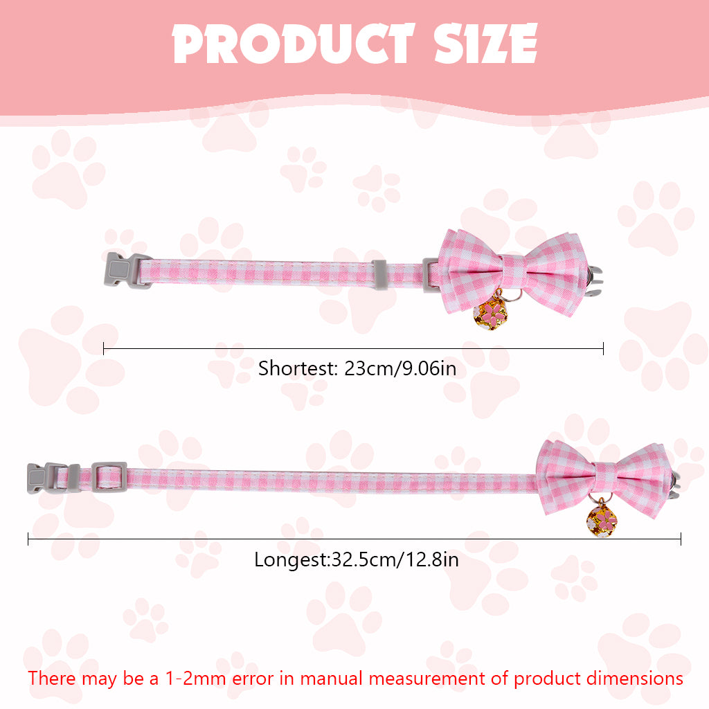 Qpets® Cat Collar with Bell, Adjustable 23-33 cm Kitten Collar for Small Cats & Pets - Soft Cotton Plaid Bow Design, Quick Release Safety Buckle, Lightweight & Breakaway Necklace Accessory (Pink)