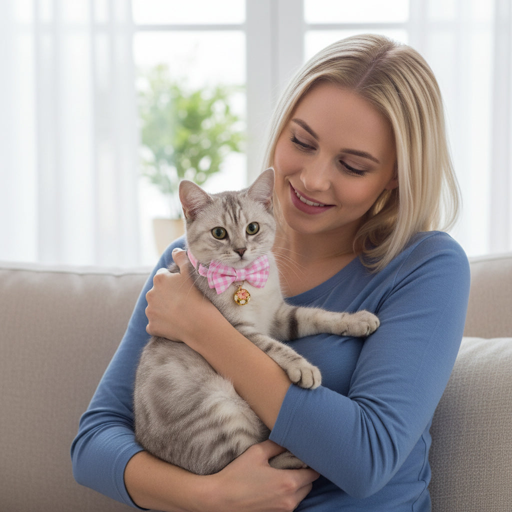 Qpets® Cat Collar with Bell, Adjustable 23-33 cm Kitten Collar for Small Cats & Pets - Soft Cotton Plaid Bow Design, Quick Release Safety Buckle, Lightweight & Breakaway Necklace Accessory (Pink)