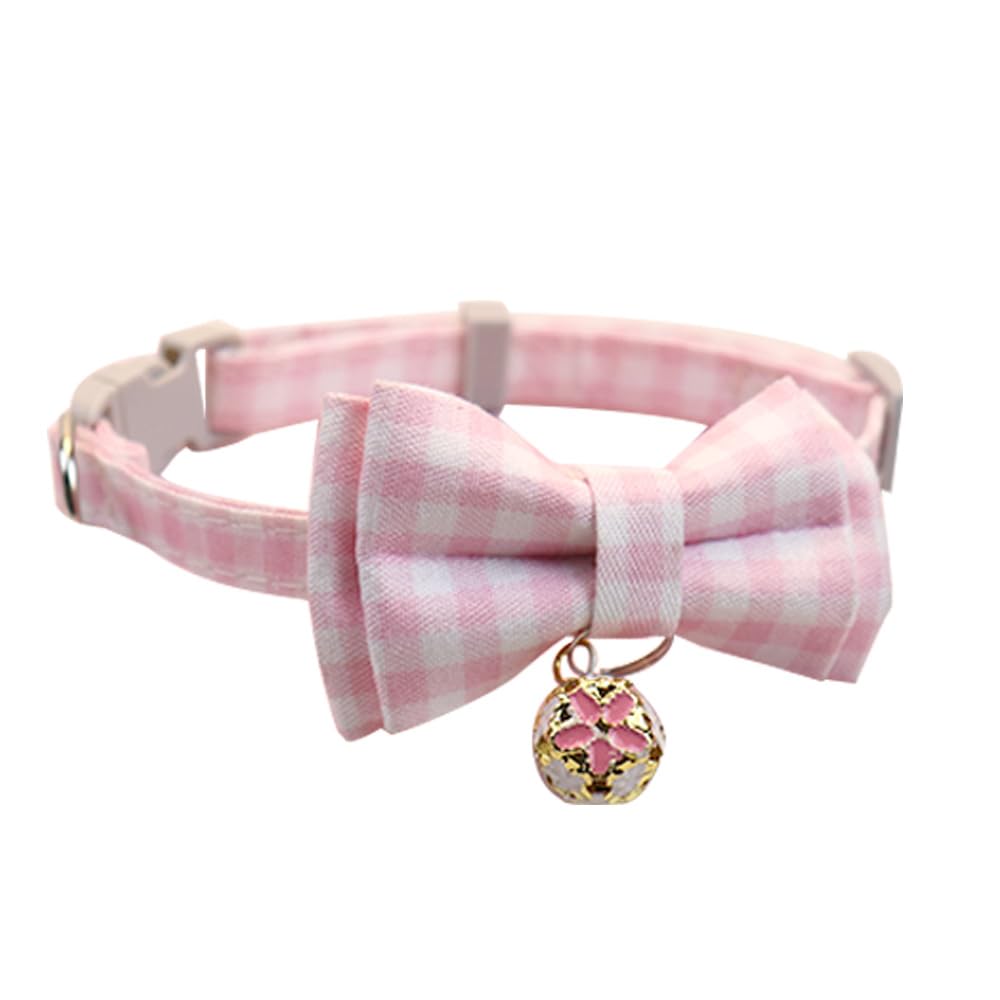Qpets® Cat Collar with Bell, Adjustable 23-33 cm Kitten Collar for Small Cats & Pets - Soft Cotton Plaid Bow Design, Quick Release Safety Buckle, Lightweight & Breakaway Necklace Accessory (Pink)