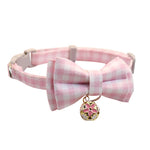 Qpets® Cat Collar with Bell, Adjustable 23-33 cm Kitten Collar for Small Cats & Pets - Soft Cotton Plaid Bow Design, Quick Release Safety Buckle, Lightweight & Breakaway Necklace Accessory (Pink)