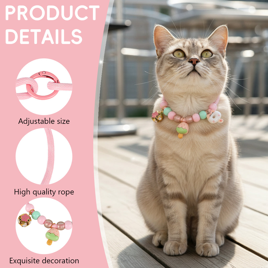 Qpets® Cat Rope Collar with Ring Clasp, Adjustable Handmade Pink Nylon Rope Beaded Fashion Collar with Cute Pendant Ornament Fashion Cat Ornament Accessory Gift