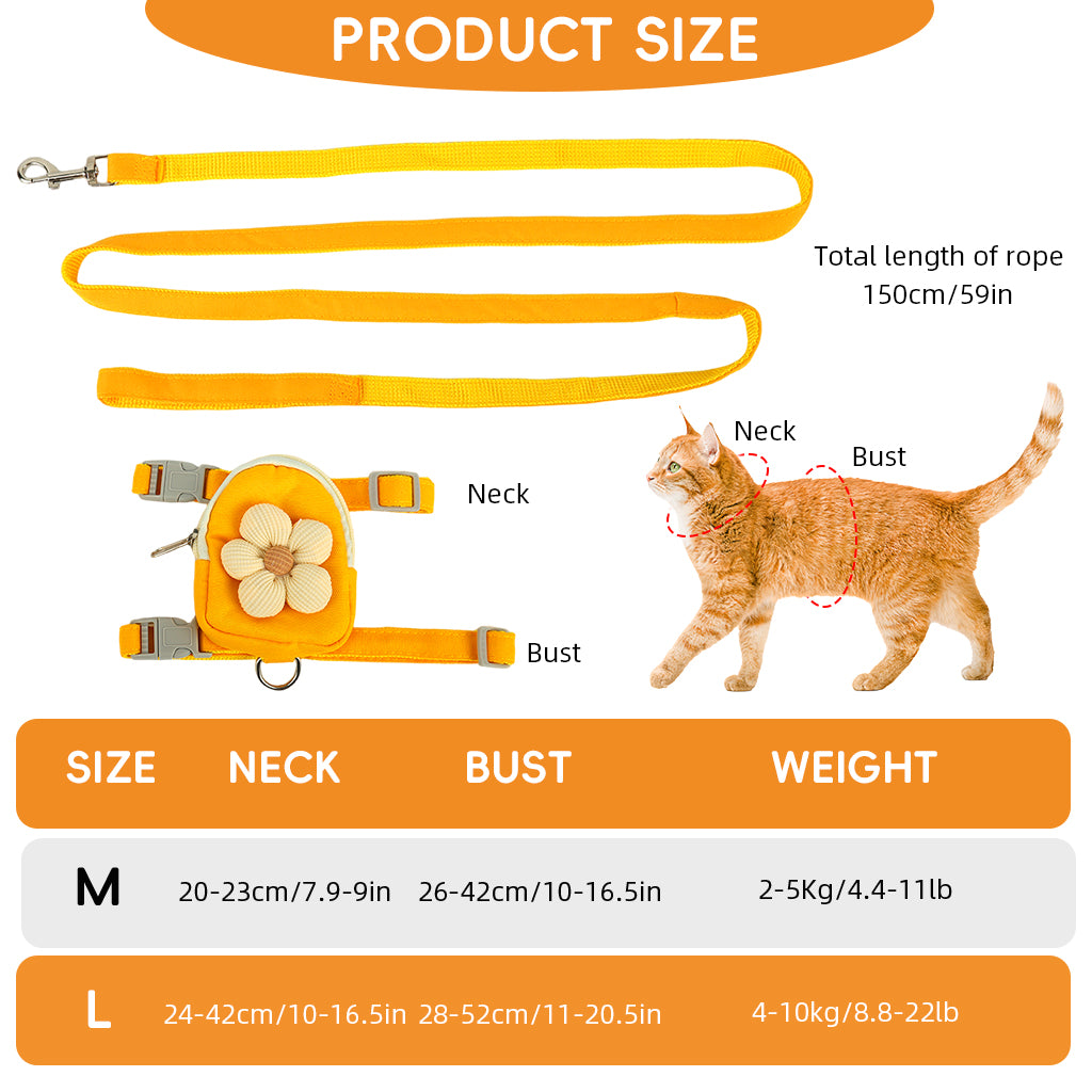Qpets® Dog Harness and Leash Set, Fabric Webbing Puppy Harness with Matching Leash, Mini Zipper Pouch & Cute Yellow Flower Accent, for 4-10kg Dogs, L
