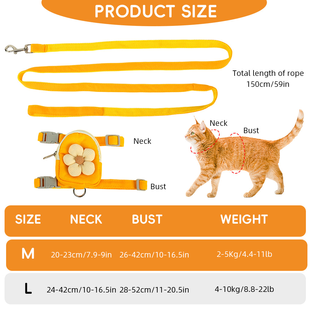 Qpets® Dog Cat Harness and Leash Set, Fabric Webbing Puppy Harness with Matching Leash, Mini Zipper Pouch & Cute Yellow Flower Accent, for 2-5kg Small Dogs Cats, M