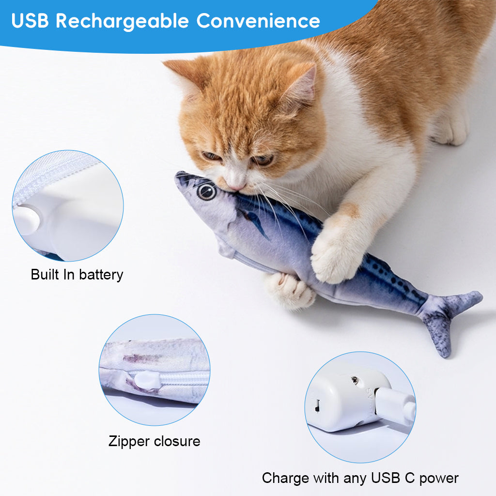 Qpets® Moving Fish Cat Tool 7in Interactive Pacific Saury Plush with Tail Flick Motion USB Rechargeable Cat Kick Playing for Indoor Cats Exercise Play