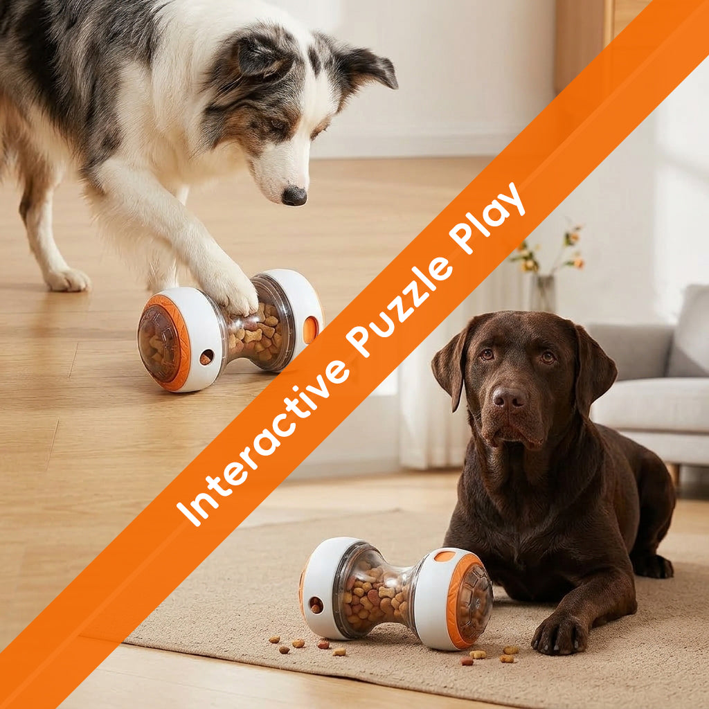 Qpets® Dog Interactive Treat Dispenser Toy, Dumbbell Shape Dog Slow Feeder Non-Slip Feeder Designed Light and Sound, Treat Dispensing Toys Dogs Interactive Chew Toy for Small, Medium & Large Dogs