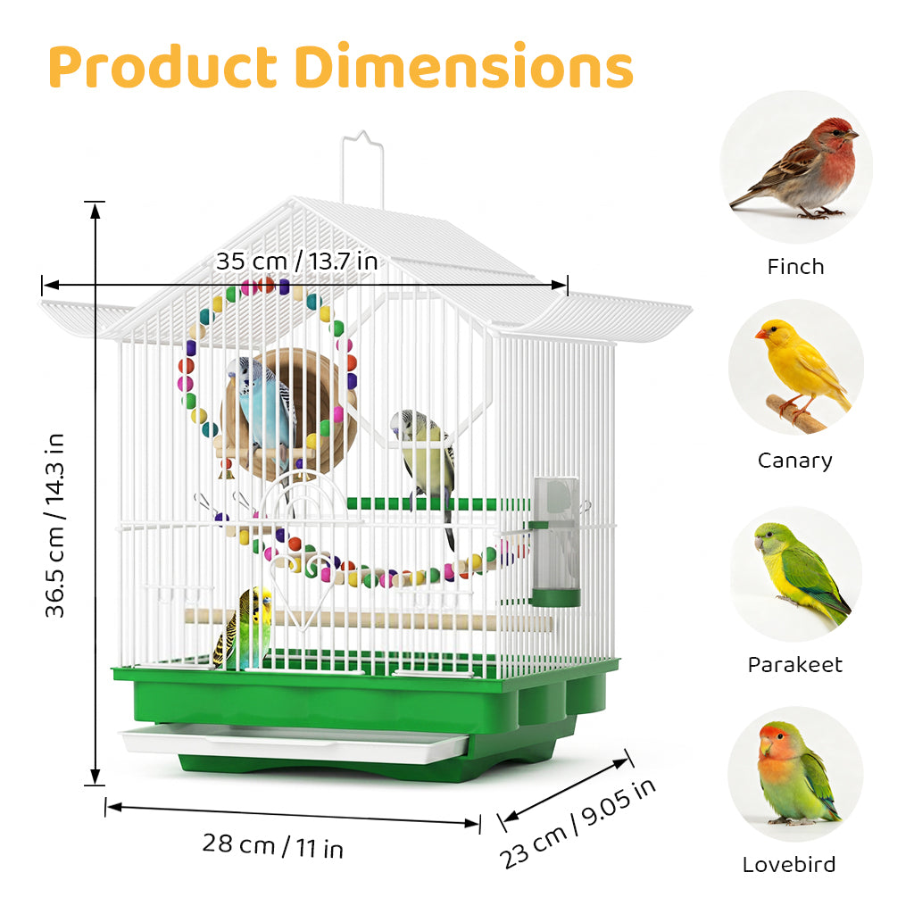 Qpets® Pet Parakeet Manor Bird Cage with Handle, Versatile Carrier for Home or Travel, Small Bird Accessories, Easy Storage for Canaries, Budgies, Finches, Parakeets, and More-White