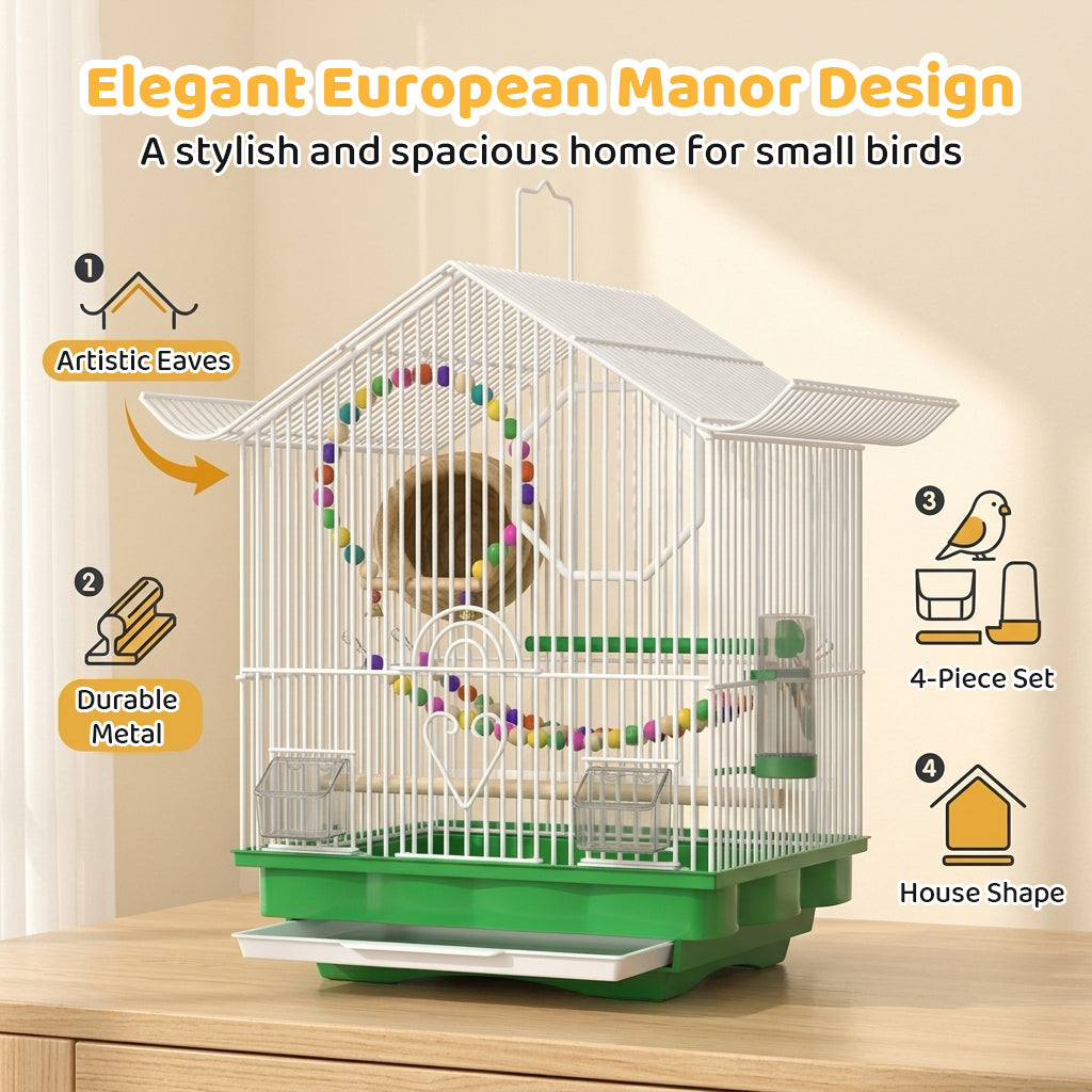 Qpets® Pet Parakeet Manor Bird Cage with Handle, Versatile Carrier for Home or Travel, Small Bird Accessories, Easy Storage for Canaries, Budgies, Finches, Parakeets, and More-White