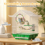 Qpets® Pet Parakeet Manor Bird Cage with Handle, Versatile Carrier for Home or Travel, Small Bird Accessories, Easy Storage for Canaries, Budgies, Finches, Parakeets, and More-White