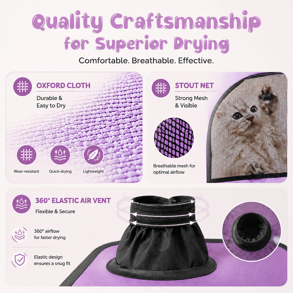 Qpets® Pet Drying Box for Cats & Small Dogs, Foldable Hair Dryer Tent with Mesh Ventilation, Dual Vent Quick Pet Grooming Dryer Enclosure, Waterproof Oxford Cloth Travel Drying Cage, 50x50x50cm