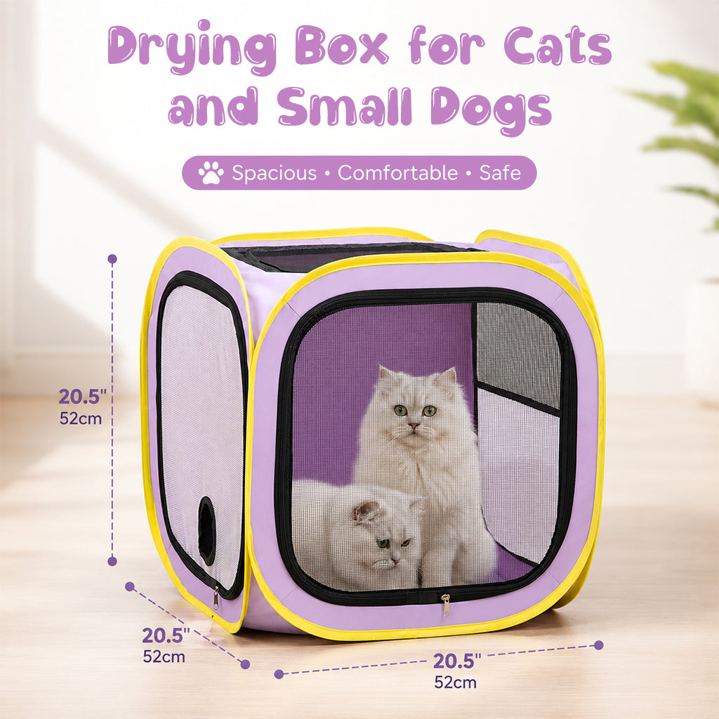 Qpets® Pet Drying Box for Cats & Small Dogs, Foldable Hair Dryer Tent with Mesh Ventilation, Dual Vent Quick Pet Grooming Dryer Enclosure, Waterproof Oxford Cloth Travel Drying Cage, 50x50x50cm