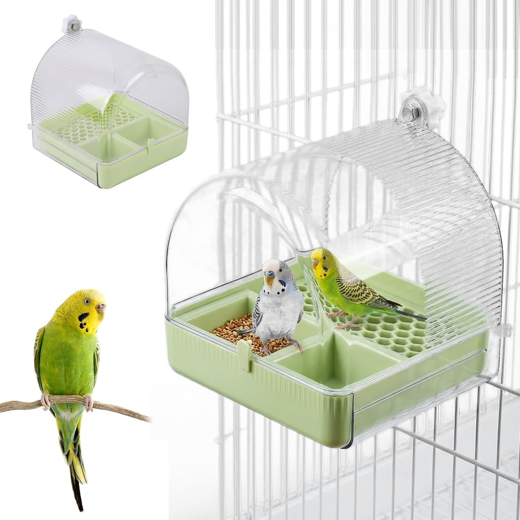 Qpets® 3-in-1 Bird Bath & Feeder Box Bird Cage Mounted Bathing Dome with Dual Food Trays & Grid Perch Platform, BPA-Free Bird Cage Feeder and Bath Station, Removable Cleaning Base, 16x17x18.5cm