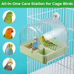 Qpets® 3-in-1 Bird Bath & Feeder Box Bird Cage Mounted Bathing Dome with Dual Food Trays & Grid Perch Platform, BPA-Free Bird Cage Feeder and Bath Station, Removable Cleaning Base, 16x17x18.5cm