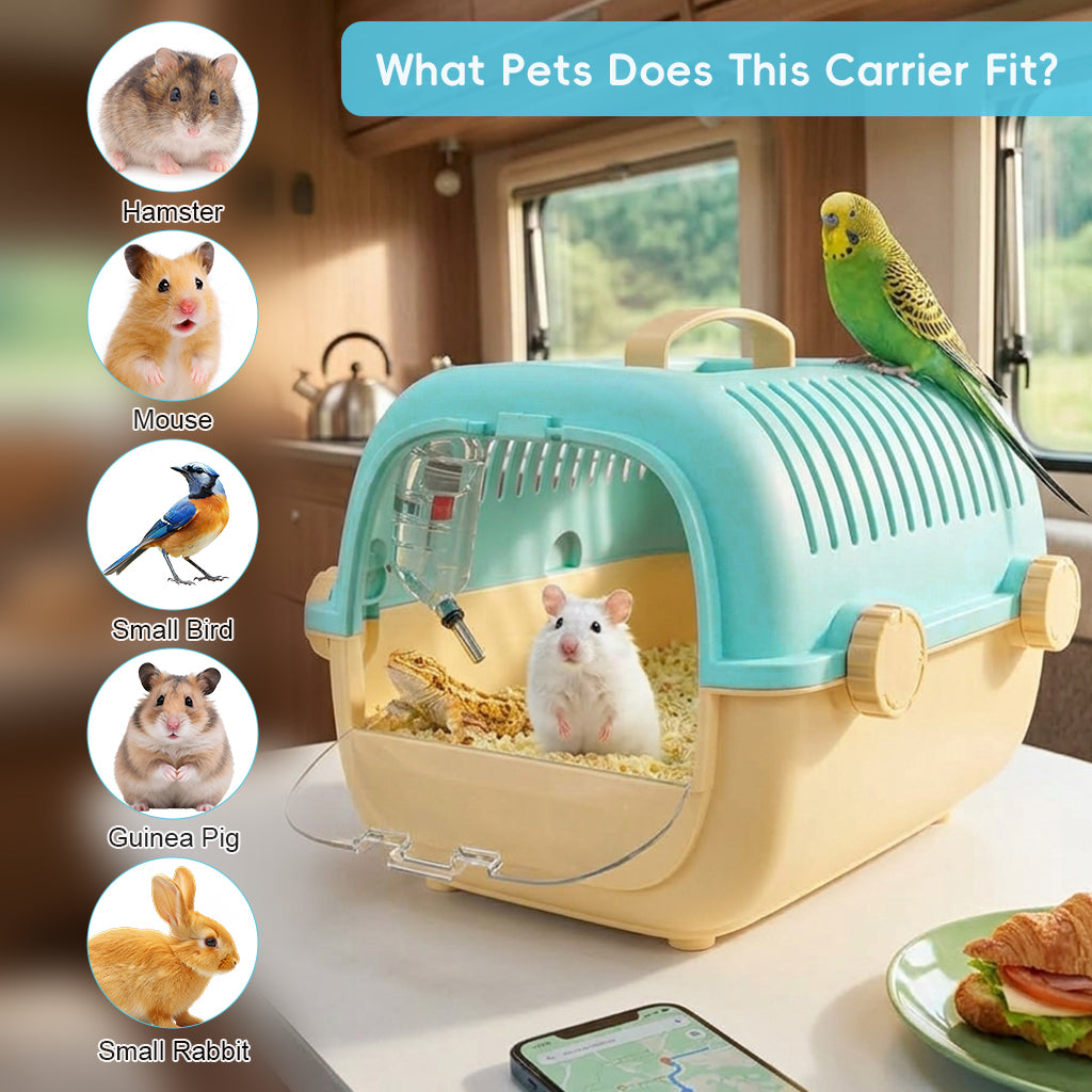 Qpets® Small Pet Carrier Cage for Birds, Hamsters & Small Animals, Portable Ventilated Travel Carrier with Transparent Door & Water Bottle, Lightweight PP Pet Transport Box