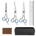 Qpets® Professional Pet Grooming Scissors Kit, Stainless Steel Dog & Cat Grooming Shears Set with Straight, Thinning & Curved Scissors, Comb, & Storage Bag for Home & Salon Use