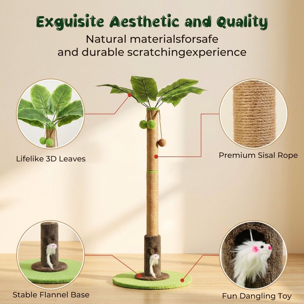Qpets® Cat Scratching Post for Indoor Cats and Kitten - 35.43" Tall Scratching Post with Sisal Rope, Palm Tree Scratch with Hanging Ball-Brown