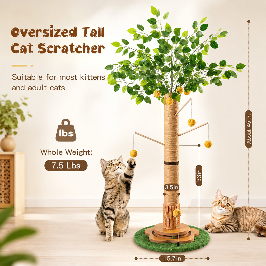Qpets® 45" Tall Cat Scratching Post with Sisal Rope for Indoor Cats Adults Kittens, Scratcher Tree with Hanging Balls, Self Groomer, Track Balls - Brown