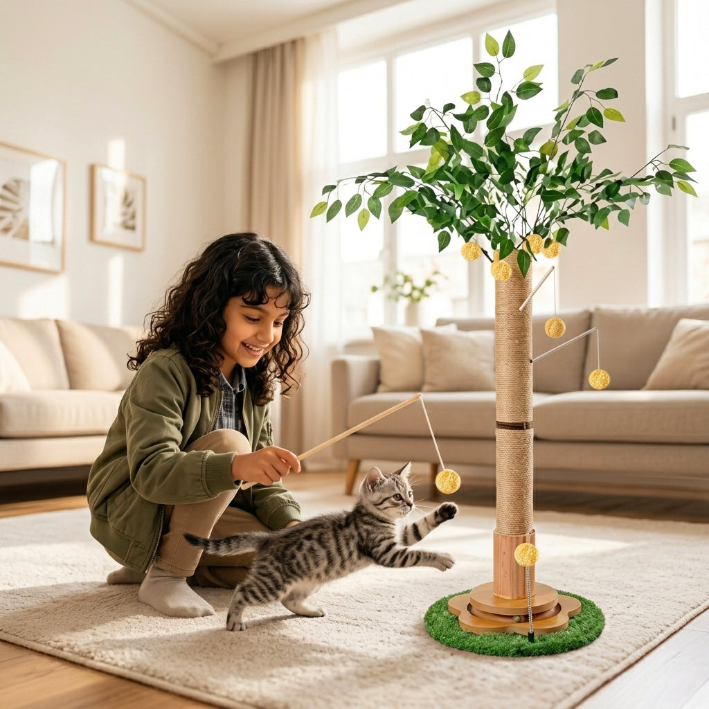 Qpets® 45" Tall Cat Scratching Post with Sisal Rope for Indoor Cats Adults Kittens, Scratcher Tree with Hanging Balls, Self Groomer, Track Balls - Brown