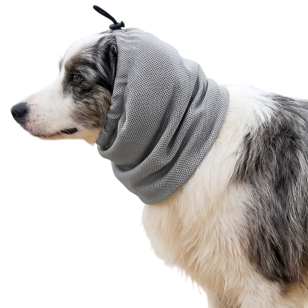 Qpets® Dog Cooling Snood Headwrap Adjustable Breathable Polyester Neck Gaiter, Lightweight Cooling Wrap with Drawstring, Calming Anxiety Ear Cover for Grooming, Travel & Hot Weather Protection-L
