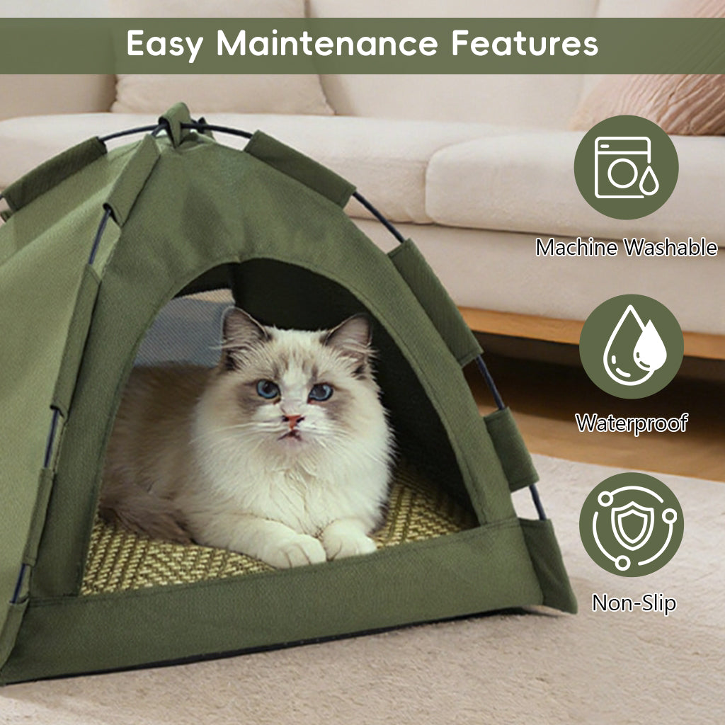 Qpets® Pet Tent for Cats & Small Dogs - Portable Foldable Indoor Outdoor Cat Tent & Dog House with Sunshade, Removable Cat Cave Bed for Camping, Beach, Park - Semi-Enclosed Hideaway-Green-M