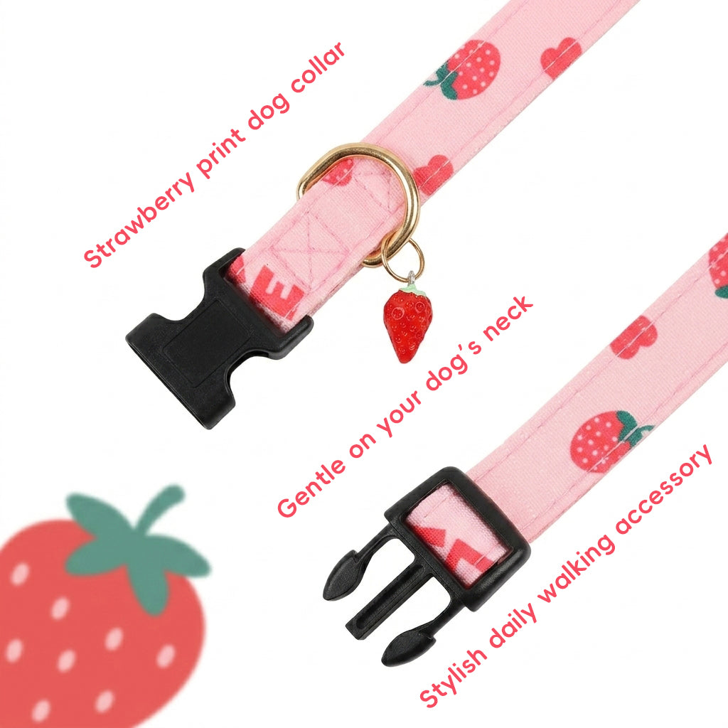 Qpets® Pink Strawberry Dog Collar Sweet Spring Summer Collars with Cute Strawberries Pattern for Female Girl Small Medium Large Dog-Pink-L