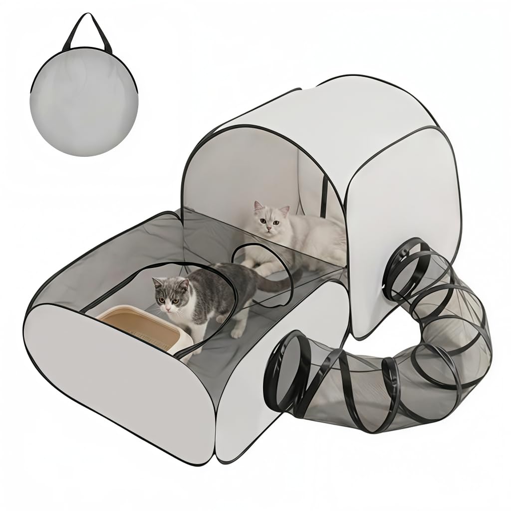 Qpets Foldable Cat Playpen with Detachable Surround Tunnel, Breathable Mesh and Carry Bag