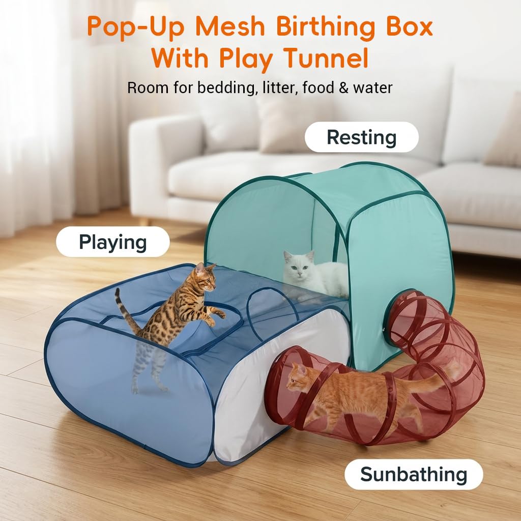 Qpets Foldable Cat Playpen with Detachable Surround Tunnel, Breathable Mesh and Carry Bag