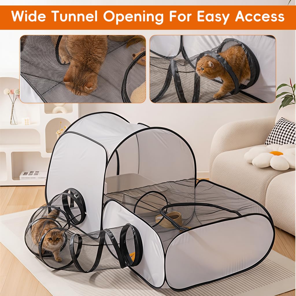 Qpets Foldable Cat Playpen with Detachable Surround Tunnel, Breathable Mesh and Carry Bag