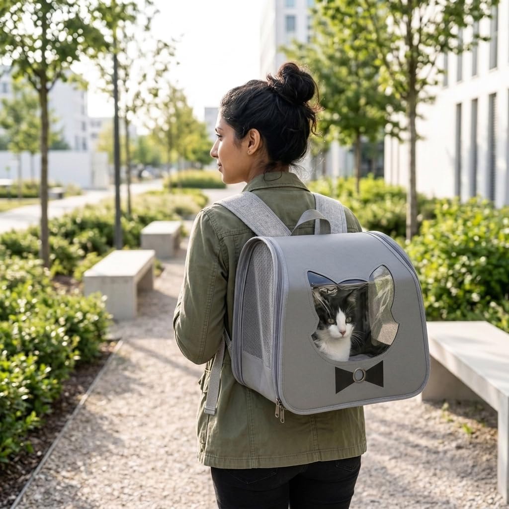 Qpets Foldable Pet Backpack Carrier with Breathable Mesh and Transparent Panels for Cats and Small Dogs