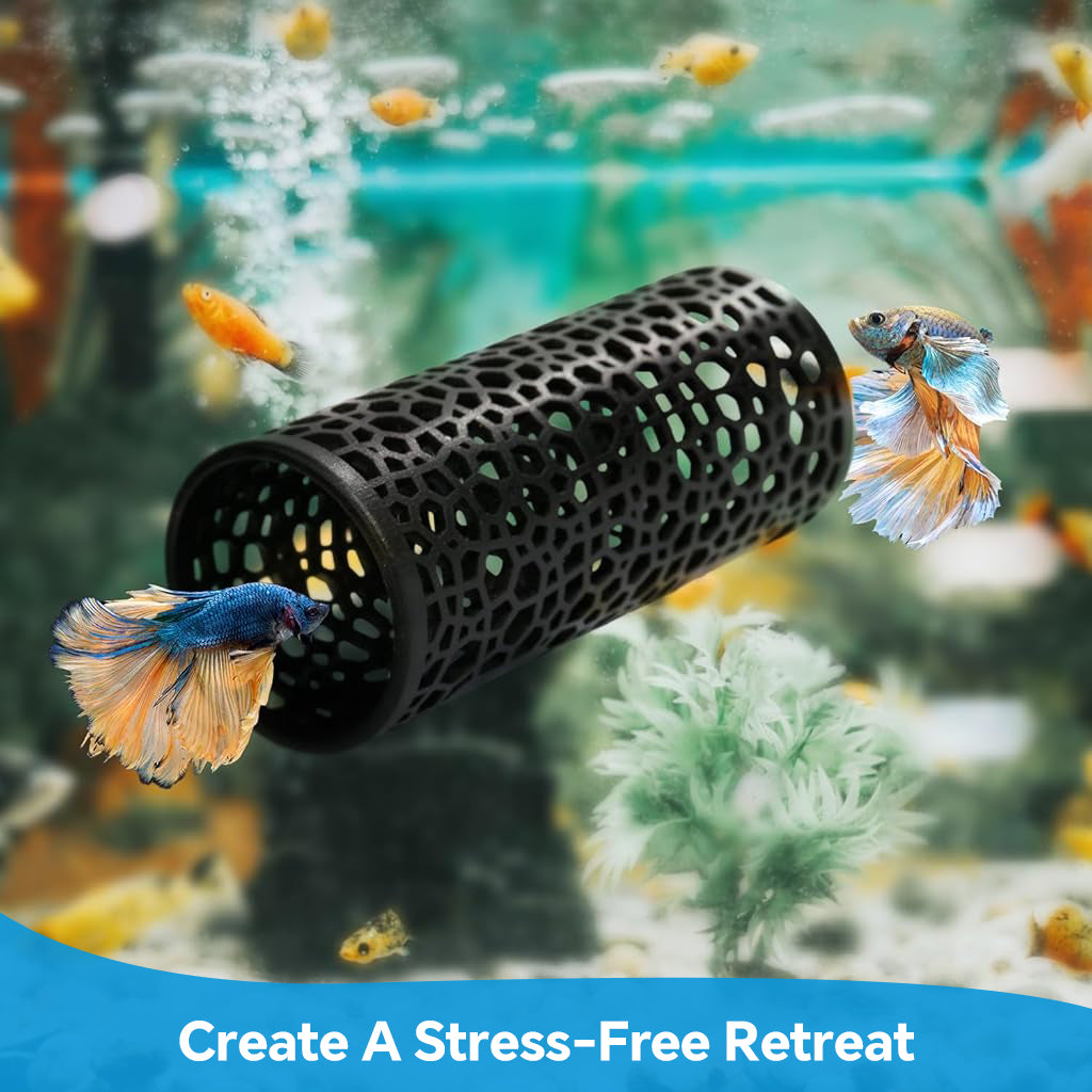 Qpets® Betta Fish Tunnel Hideout with Suction Cup Mount, ABS Aquarium Fish Hiding Tube Cave, Honeycomb Perforated Betta Rest Tunnel, Fish Tank Accessory for Bettas, Small Fish & Decoration, 10x4cm