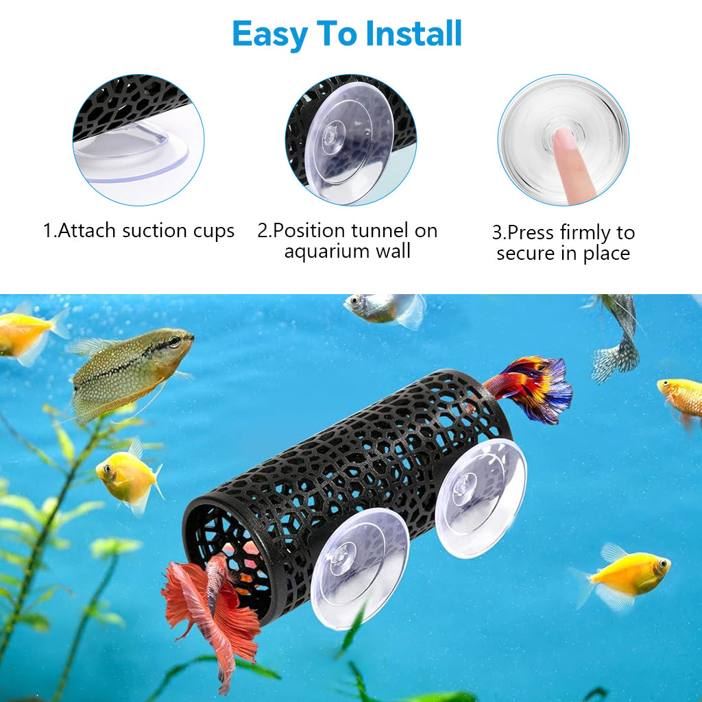 Qpets® Betta Fish Tunnel Hideout with Suction Cup Mount, ABS Aquarium Fish Hiding Tube Cave, Honeycomb Perforated Betta Rest Tunnel, Fish Tank Accessory for Bettas, Small Fish & Decoration, 10x4cm