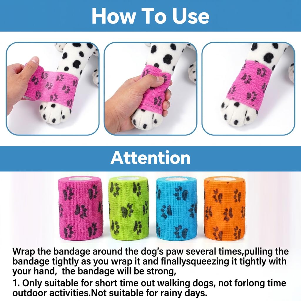 Qpets Paw Print Self-Adhesive Non-Woven Elastic Recovery Bandage Wrap for Cats and Dogs