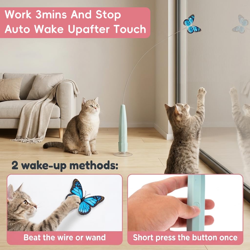 Qpets Rechargeable Butterfly Cat Toy with Flexible Cord, Suction-Cup Base and Two Play Modes