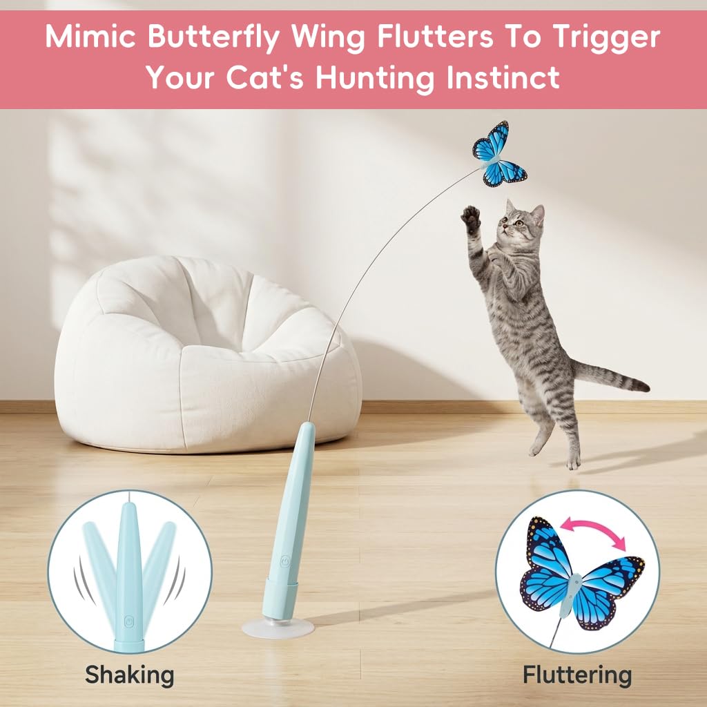 Qpets Rechargeable Butterfly Cat Toy with Flexible Cord, Suction-Cup Base and Two Play Modes