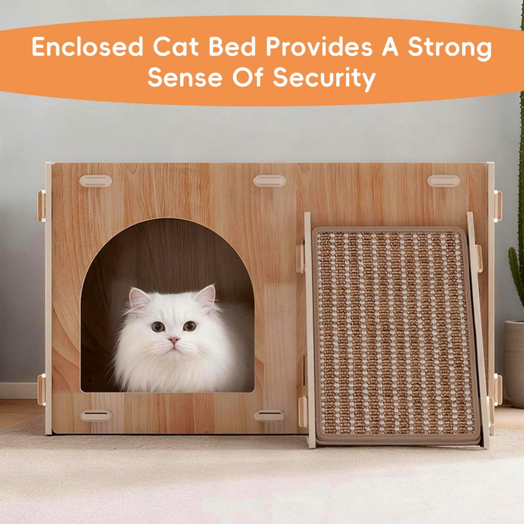 Qpets Wooden Cat House with Enclosed Hideaway, Dual Scratch Stations and Climbing Ramp