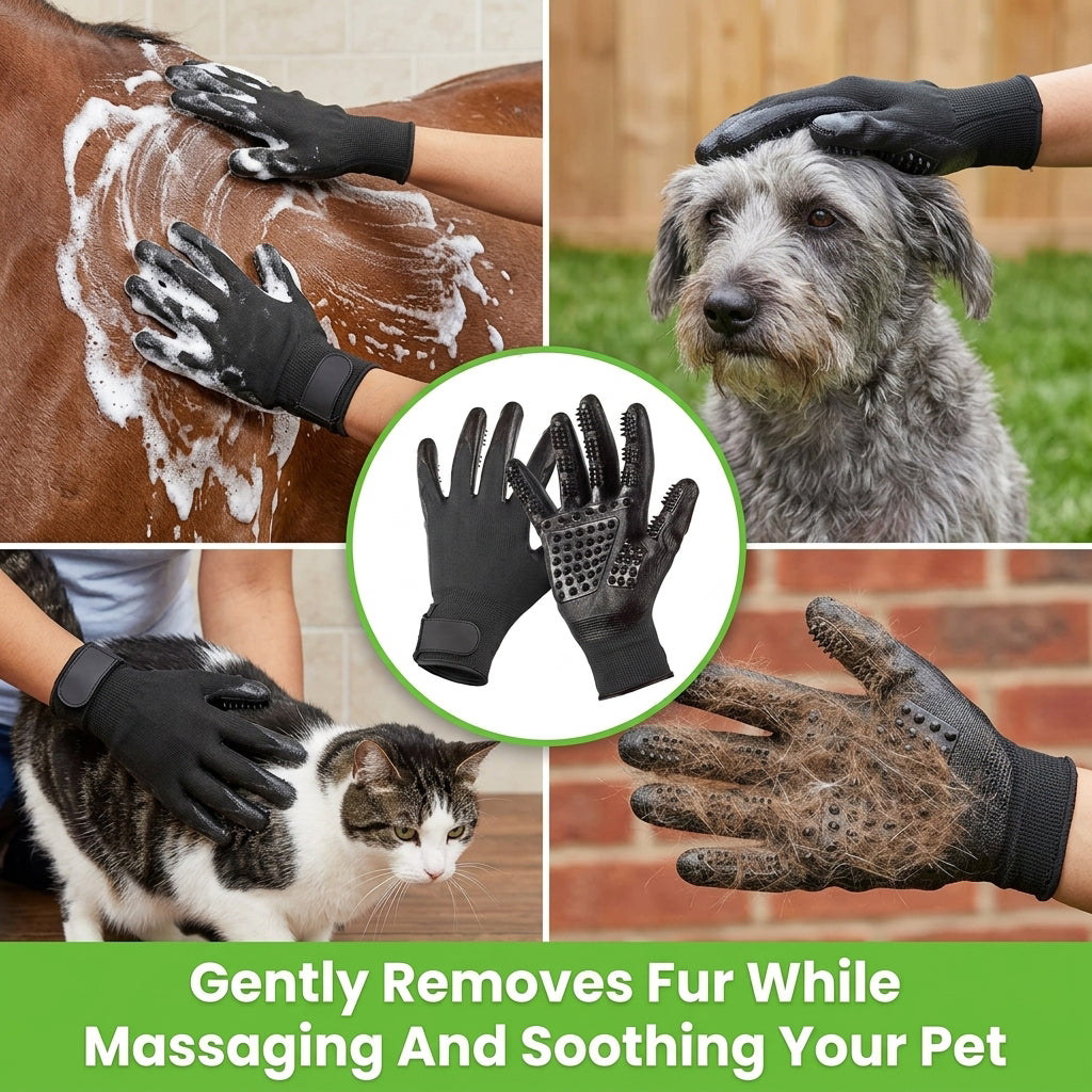 Qpets® Pet Grooming Bathing Gloves with Silicone Nubs, Deshedding & Massage Rubber Mitts Stretchy Pet Brush Gloves for Dogs & Cats, Bath Cleaning, Shedding Control, Fur Removal & Grooming