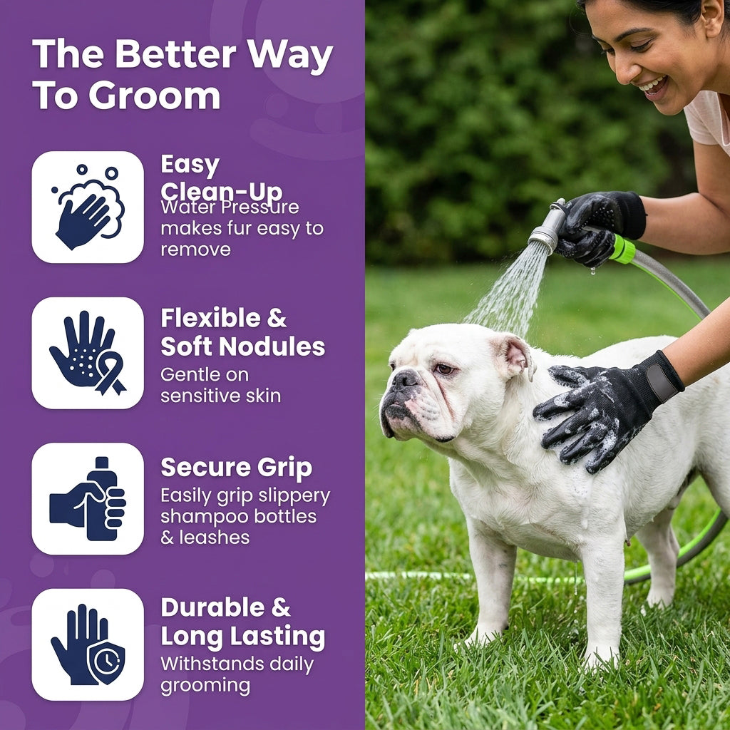 Qpets® Pet Grooming Bathing Gloves with Silicone Nubs, Deshedding & Massage Rubber Mitts Stretchy Pet Brush Gloves for Dogs & Cats, Bath Cleaning, Shedding Control, Fur Removal & Grooming