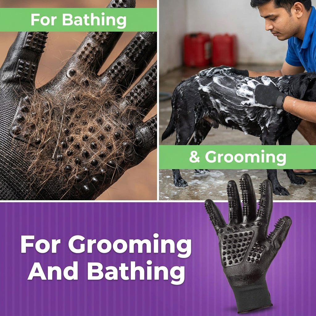 Qpets® Pet Grooming Bathing Gloves with Silicone Nubs, Deshedding & Massage Rubber Mitts Stretchy Pet Brush Gloves for Dogs & Cats, Bath Cleaning, Shedding Control, Fur Removal & Grooming