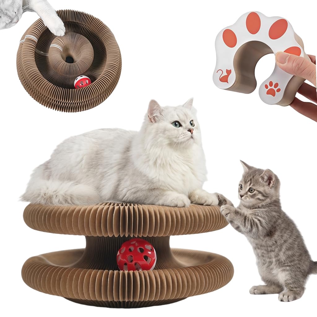 Qpets Kitty Curls Cat Scratcher Board with Track Ball and Flexible Accordion Design for Indoor Cats