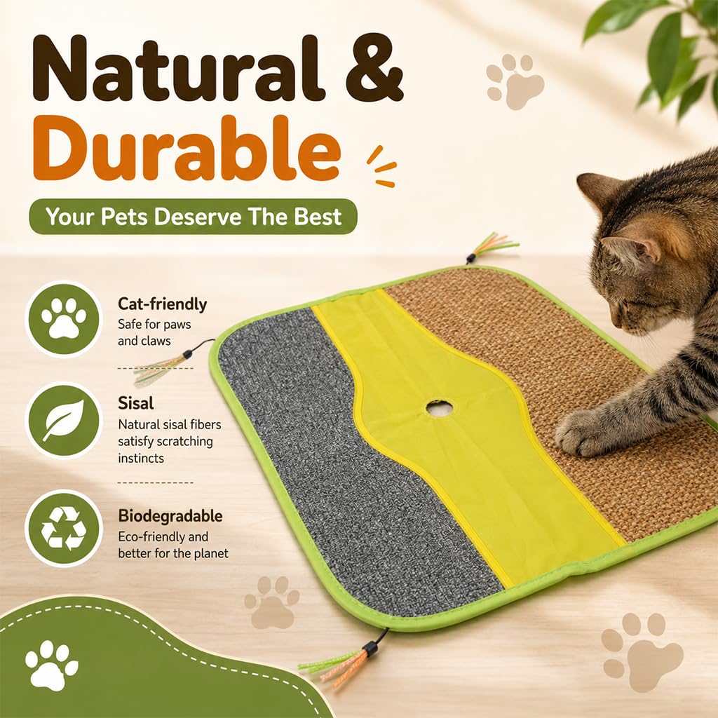 Qpets Sisal Cat Scratching Mat with Four Hanging Strings, Soft Fleece Centre and Anti-Slip Backing