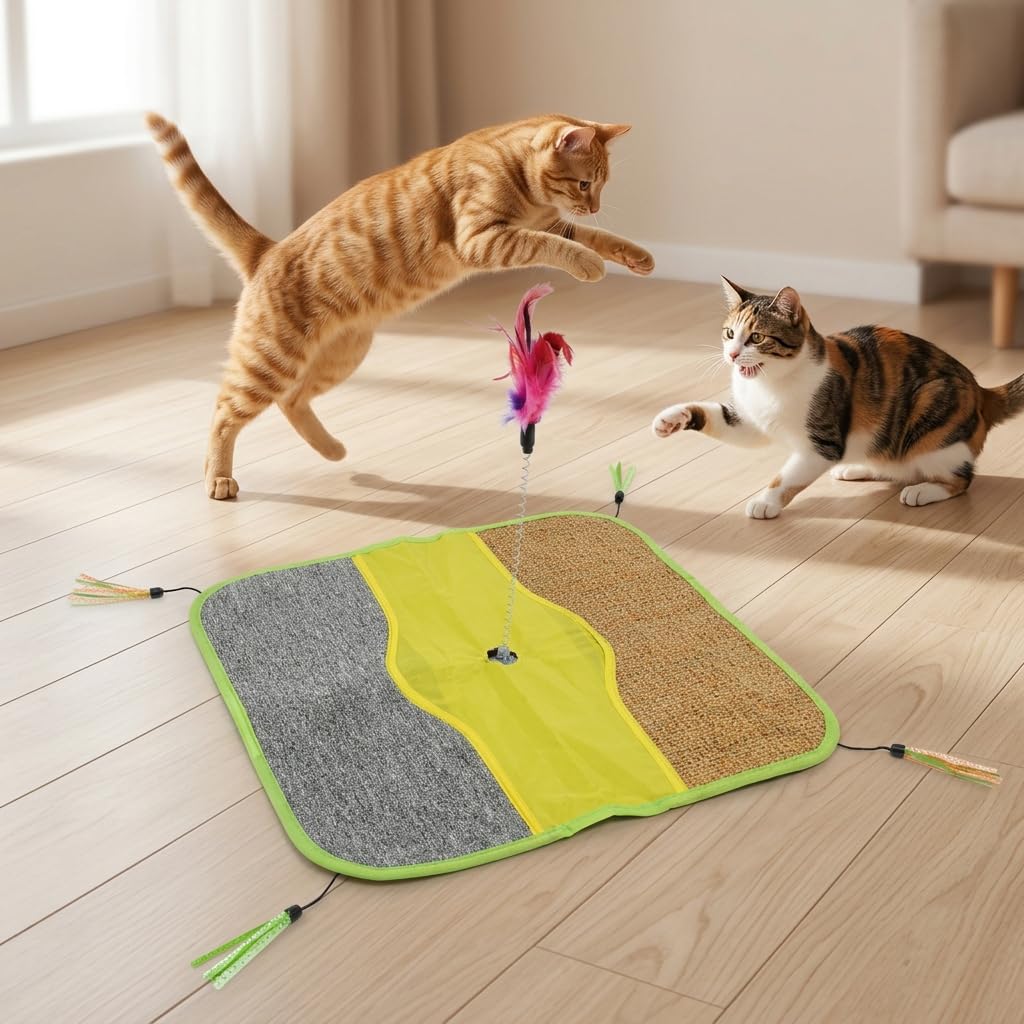 Qpets Sisal Cat Scratching Mat with Four Hanging Strings, Soft Fleece Centre and Anti-Slip Backing