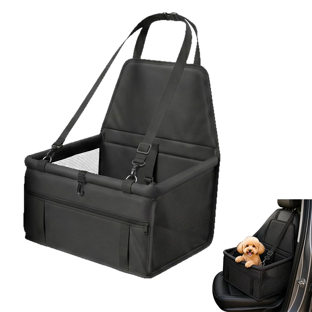 Qpets Foldable Dog Car Booster Seat with Mesh Sides, Safety Leash and Washable Oxford Fabric