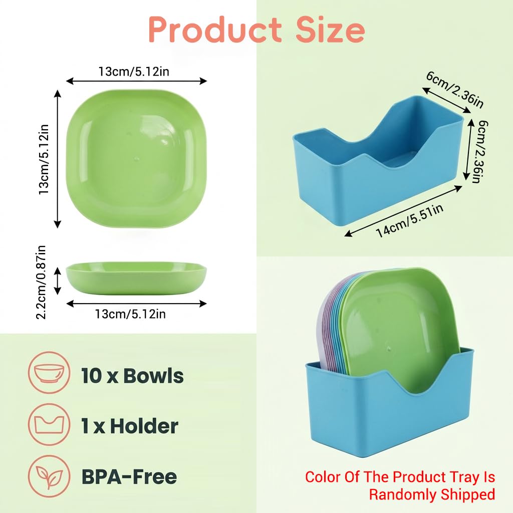 Qpets Whisker-Friendly Cat Bowls, 10-Pack with Holder Tray, Wide Shallow Plastic Dishes