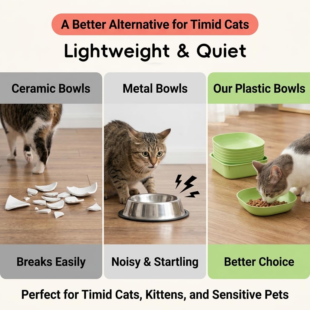 Qpets Whisker-Friendly Cat Bowls, 10-Pack with Holder Tray, Wide Shallow Plastic Dishes