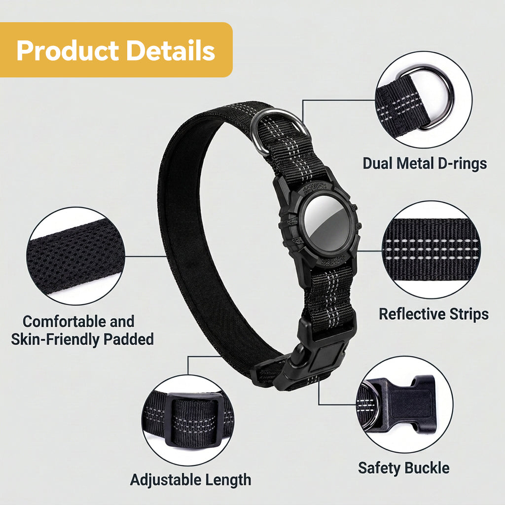 Qpets Reflective AirTag Dog Collar for Medium Dogs with Waterproof Holder, Padding and Dual D Rings