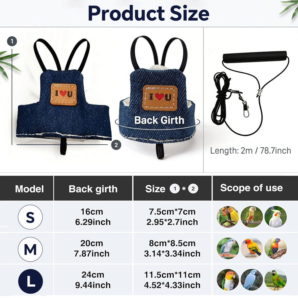Qpets Bird Flight Harness with Leash, S, 16cm Back Girth, Denim Vest for Small Parrots
