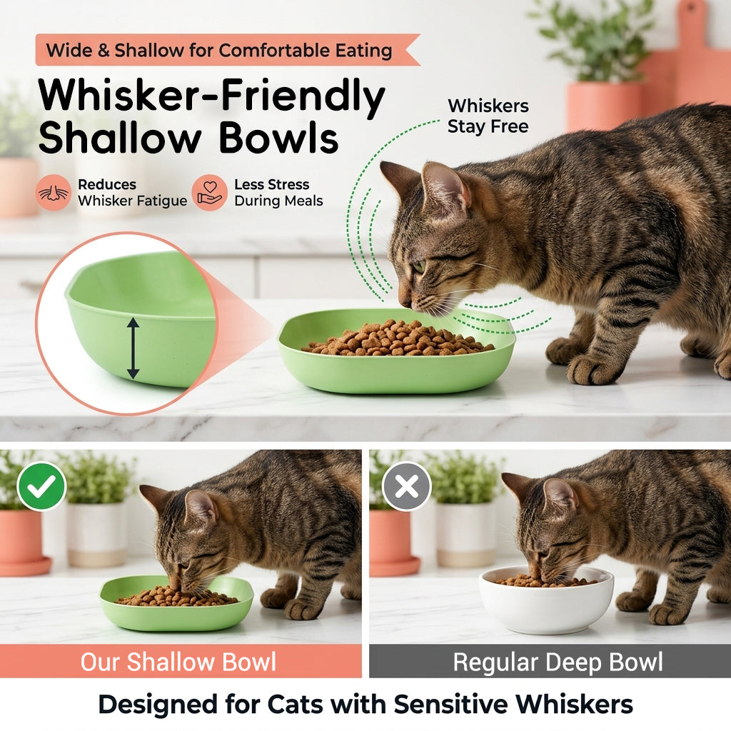 Qpets Whisker-Friendly Cat Bowls, 10-Pack with Holder Tray, Wide Shallow Plastic Dishes