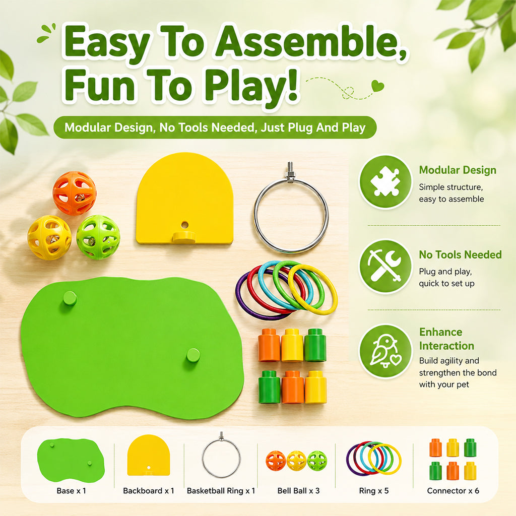 Qpets Interactive Bird Toy Basketball Hoop and Ring Toss Set with Adjustable Height for Small Parrots