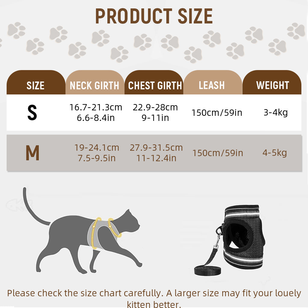 Qpets® Cat Harness with 59'' Leash Small Cat Vest Harness Cat Harness Safety Night Reflective Strip Design Breathable Adjustable Quick ReleaseSummer Cat Harness for Walking, M